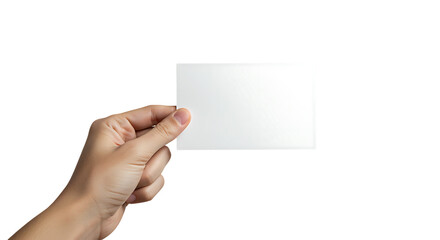 Obraz premium Hand holding blank white card isolated on a transparent background blank card black background