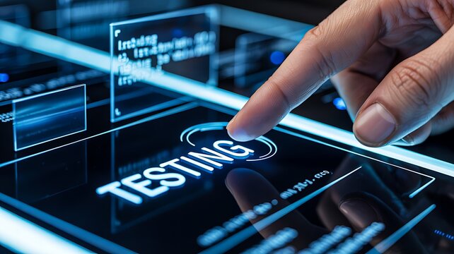 Software testing interface on touchscreen with finger selecting testing option