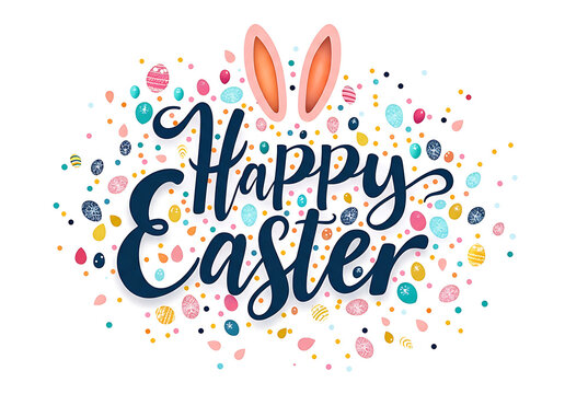 "Happy Easter" hand lettering calligraphy text with cute bunny ears and colorful eggs, holiday typography design on white background suitable for greeting card and poster
