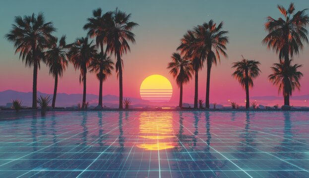 Vaporwave Sunset - Silhouetted Palm Trees, Retro Grid Water, Gradient Sky.