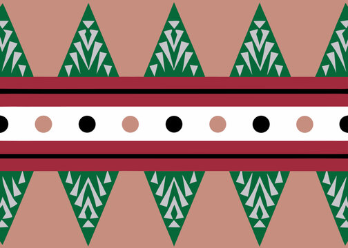 Seamless ethnic pattern with geometric green triangles and dotted border on a tan background.