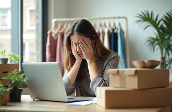 Young woman feels stressed, frustrated working on her online shop. She rubs her eyes while looking at laptop screen surrounded by packages, possibly facing delivery problems, overwhelming orders.