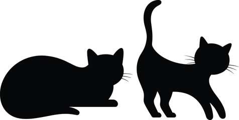 Two cat silhouettes, one lying curled with head upright and one standing with raised tail, isolated on white background, ideal for pet and design concepts. © MIJANUR