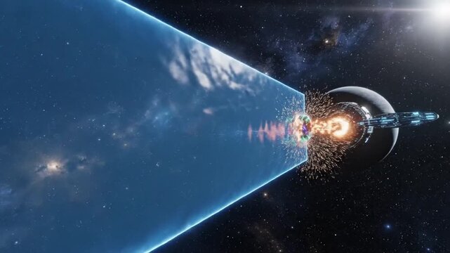 Spacecraft entering Earth's atmosphere with intense heat and friction from a distant viewpoint in outer space
