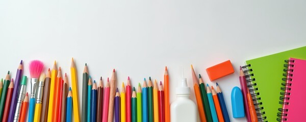 Fototapeta premium Colorful school supplies arranged neatly on white surface. Pencils crayons paintbrushes glue and notebooks create border for creative or educational content.