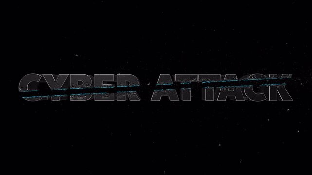 Blue crossfire streak animation slicing through &ldquo;CYBER ATTACK&rdquo; text with flying particles and glowing melt trail, transparent BG with alpha channel, overlay for cyber security and hacker themes