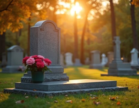 Autumn sun shines on cemetery gravestone with pink roses. Serene graveyard with tombs and trees. Peaceful nature scene with stone monument at sunset. Respectful memorial tribute.