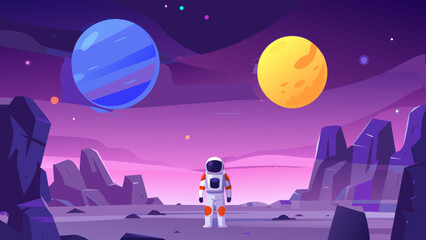 Astronaut stands on a rocky planet gazing at distant planets and stars © Kapil