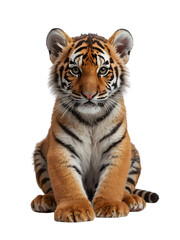 Fototapeta premium Cute tiger cub with transparent background, isolated on black, adorable animal for design and decoration, wildlife photography, PNG cutout