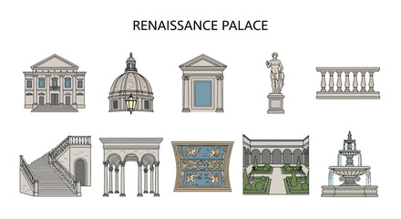 An illustration set showcasing ten architectural elements of a Renaissance palace © Faisal