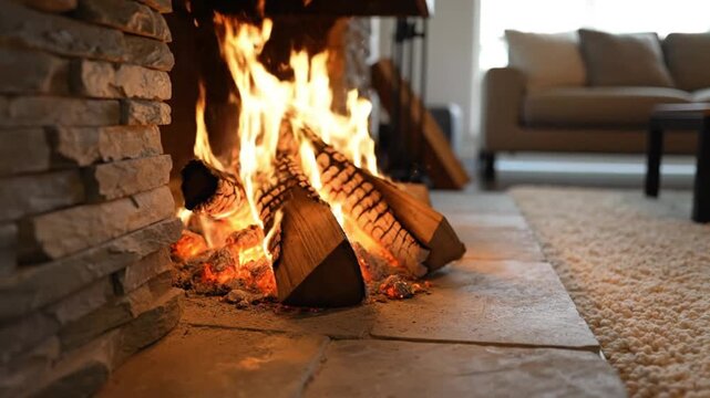 Cozy fireplace with burning wooden logs in a modern living room, warm ambiance, rustic stone hearth, blurred background with comfortable couch