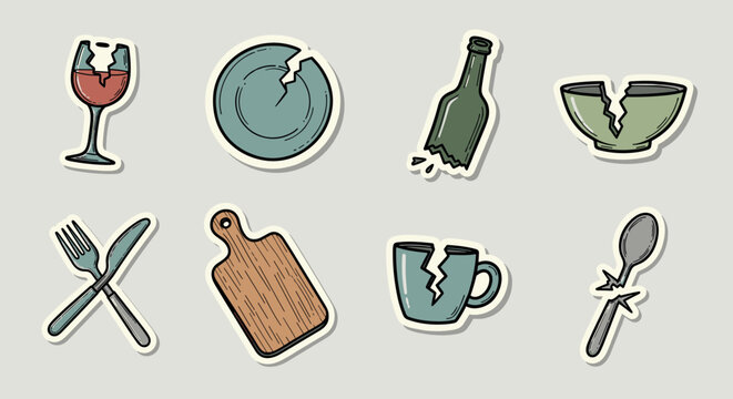 A collection of broken kitchenware stickers including a glass, plate, bowl, bottle, and utensils in colorful vector style, perfect for food-related designs