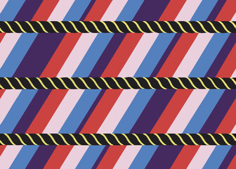 Fototapeta premium Vibrant geometric pattern featuring diagonal stripes of purple red blue and pink with borders.