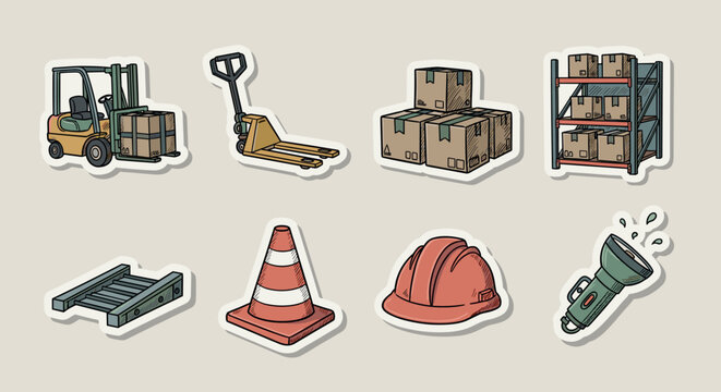 A collection of construction and warehouse icons including a forklift, pallet jack, boxes, hard hat, and traffic cone in cartoon vector style, ideal for logistics and construction themes