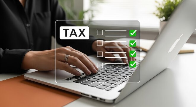 Person typing on laptop with tax checklist on screen