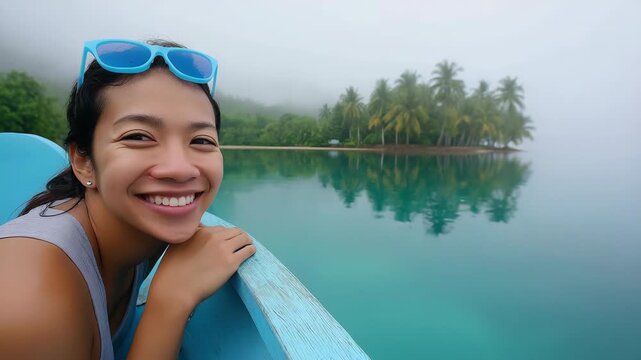Smiling journey: woman enjoying scenic island boat ride in tropical paradise