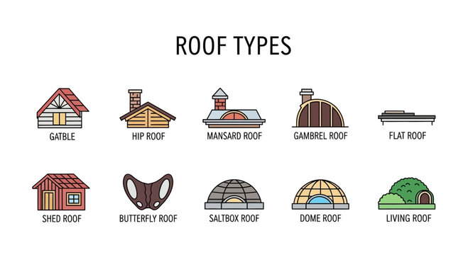 Ten distinct roof types illustrated with line art drawings and labels