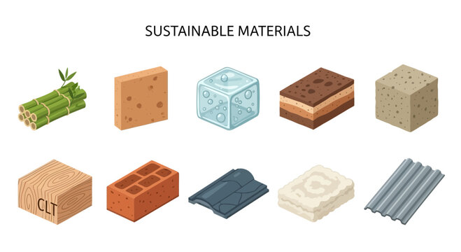 Ten isometric illustrations of sustainable building materials displayed in two rows