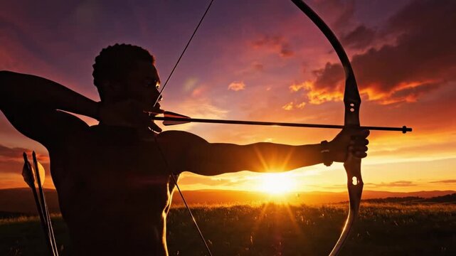 Silhouetted archer aiming bow and arrow at target during vibrant orange sunset with dramatic sky and landscape in the background, photorealistic style