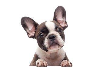 Cute brown and white French Bulldog puppy peeking over a black background, isolated transparent PNG, adorable dog with big ears and curious expression, perfect for commercial use