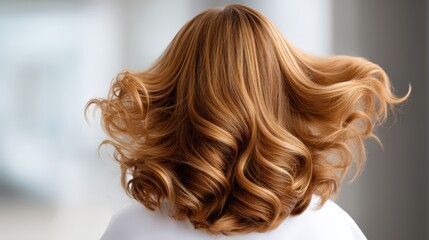 Fototapeta premium A beautiful view of a woman's flowing, wavy hair from the back, showcasing rich, golden tones and lively movement.
