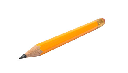 A close-up shot of a classic yellow writing tool against a stark black background. It is sharpened at one end and has an eraser