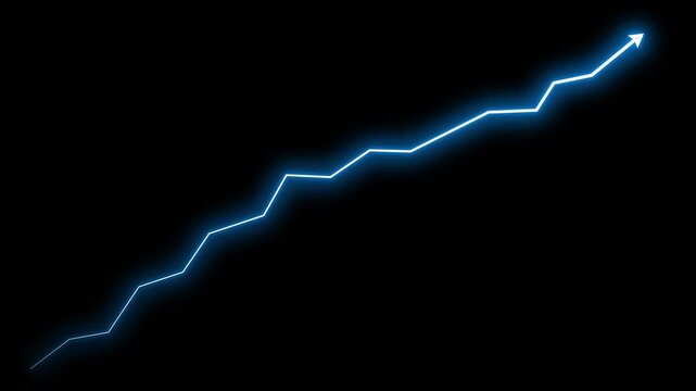 Blue Neon Glowing Line With Upward Arrow Forming A Rising Graph On Dark Background,  Business Growth, Financial Success, Market Increase, And Positive Performance Concept.