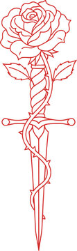 Outline drawing of rose flower with thorny vine wrapped around a sword. Aesthetic symbol for tattoo, emblem, or decoration. Vector illustration