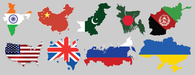 Mega Set of Country Map Outlines with National Flags for India, China, Pakistan, Bangladesh, Afghanistan, USA, UK, Russia, and Ukraine.