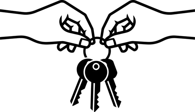 Man hand giving a key ring with keys to another man hand. Concept of property transaction or sharing. Black and white outline vector illustration for web design, app, icon