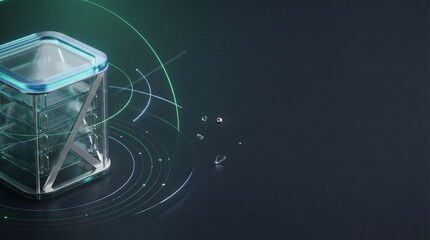 Futuristic glass cube with metal frame and neon HUD glow in dark blue studio - 3D render