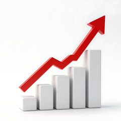 A 3d business graph with a red arrow shows financial growth and market progress on a white background as a data chart illustration of stock profit and success