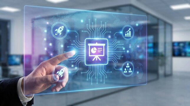 Businessman hand hold introduction, company profile, brand presentation, business overview, professional identity, corporate values Represents Online Webinar, and Global Business Strategy