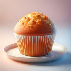 A single whole wheat muffin with no frosting or toppings, placed on a clean white plate with a soft pastel background