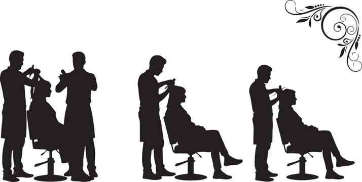 Black silhouettes of people getting haircuts from barbers white background