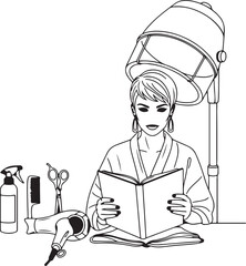 Woman reading book under hair dryer in salon