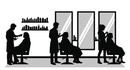 Silhouette of people getting haircut in salon with city skyline and mirrors barber stylist