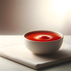 A small bowl of smooth tomato soup with no garnishes, placed on a white table with soft natural lighting and a neutral background