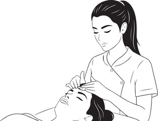 Woman receiving eyebrow treatment from technician woman lying down black and white beauty treatment facial care