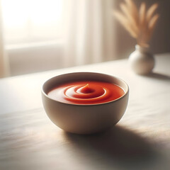 A small bowl of smooth tomato soup with no garnishes, placed on a white table with soft natural lighting and a neutral background