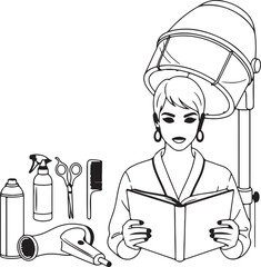 Woman reading book under hair dryer with beauty tools