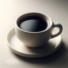  A small ceramic cup filled with black coffee, placed on a simple white saucer, soft lighting, neutral background