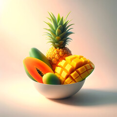  Slices of vibrant tropical fruits like pineapple and mango, neatly arranged in a simple white bowl, placed on a soft pastel background