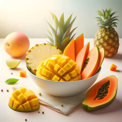  Slices of vibrant tropical fruits like pineapple and mango, neatly arranged in a simple white bowl, placed on a soft pastel background