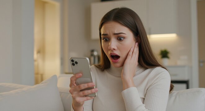 National Awkward Moments Day shocked woman reading smartphone message at home, surprised emotional reaction to embarrassing text social media humor concept