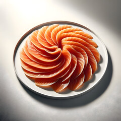 Thin slices of smoked salmon arranged neatly on a white plate, soft shadows, minimal neutral background