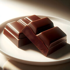 Two pieces of dark chocolate, slightly broken to reveal the inside, placed on a clean white plate with soft lighting