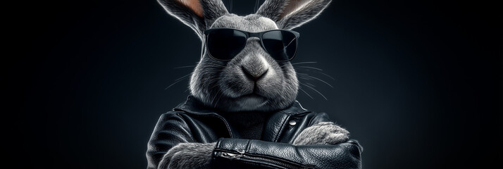 Close-up, Portrait. Anthropomorphic Leader Rabbit in Leather Jacket and Sunglasses on Black Background with Copy Space. Surreal Symbol of Confidence, Power and Resilient Leadership. Generative Ai.