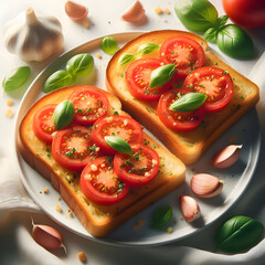 two slices of toasted bread topped with fresh tomato, garlic, and basil, placed on a clean white plate, soft lighting 