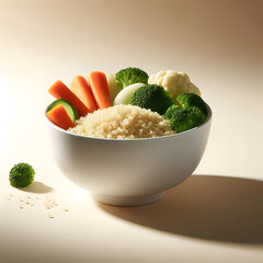 A clean white bowl filled with quinoa and steamed vegetables, placed against a soft beige background, minimalist food styling